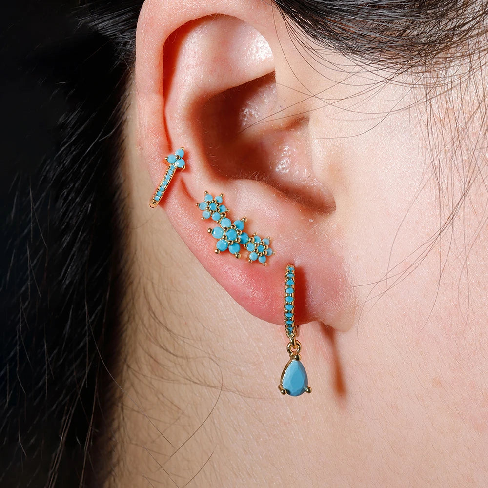 Vintage Blue Turquoise Water Drop Hoop Earring Set Geometric Steel