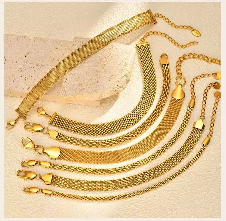 Stainless Steel 18K Gold Plated Bracelet for Women, Adjustable Weaving Mesh Chain, Exquisite Jewelry Gift