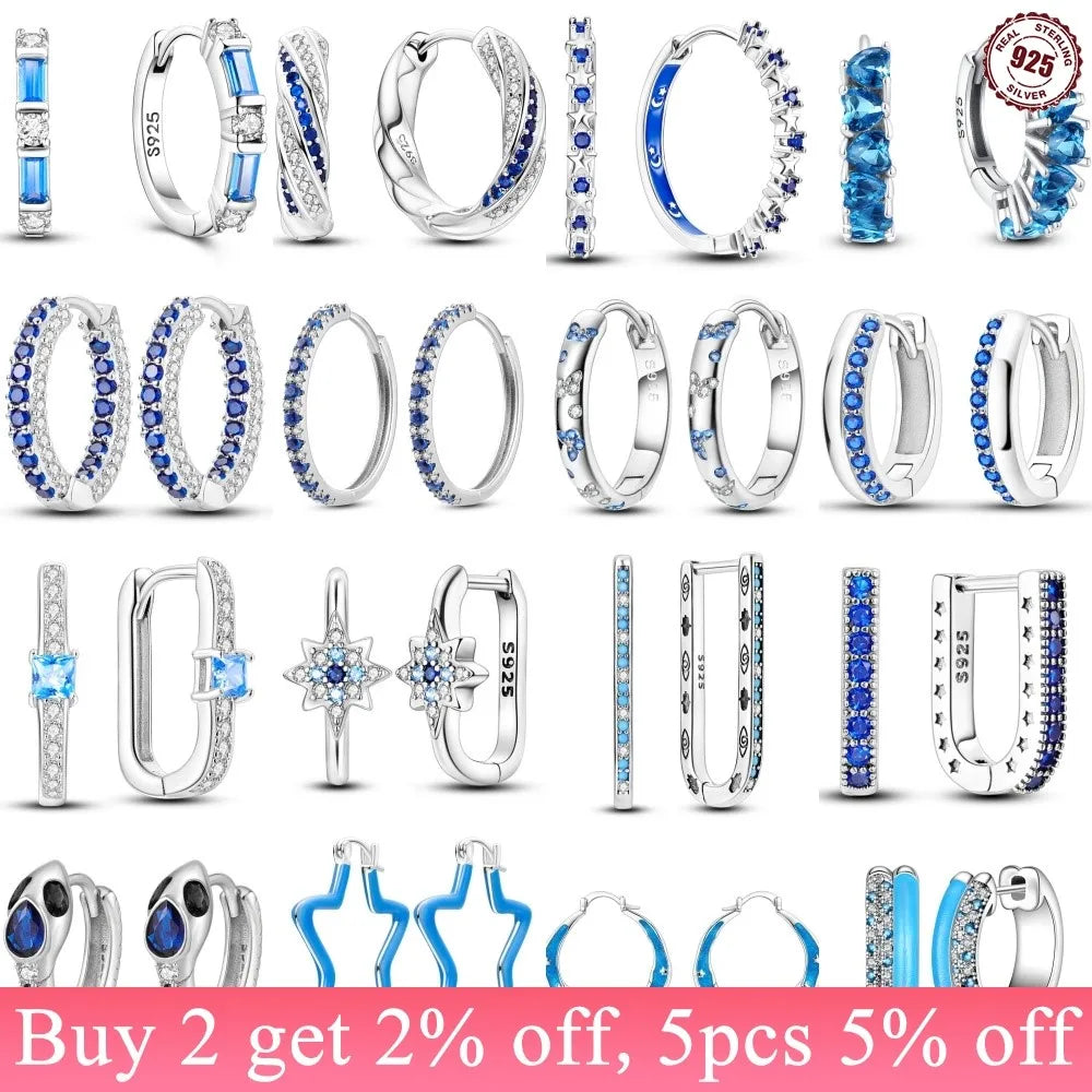 925 Sterling Silver Geometric Minimalist Blue Zircon Circle Hoop Earrings Gift