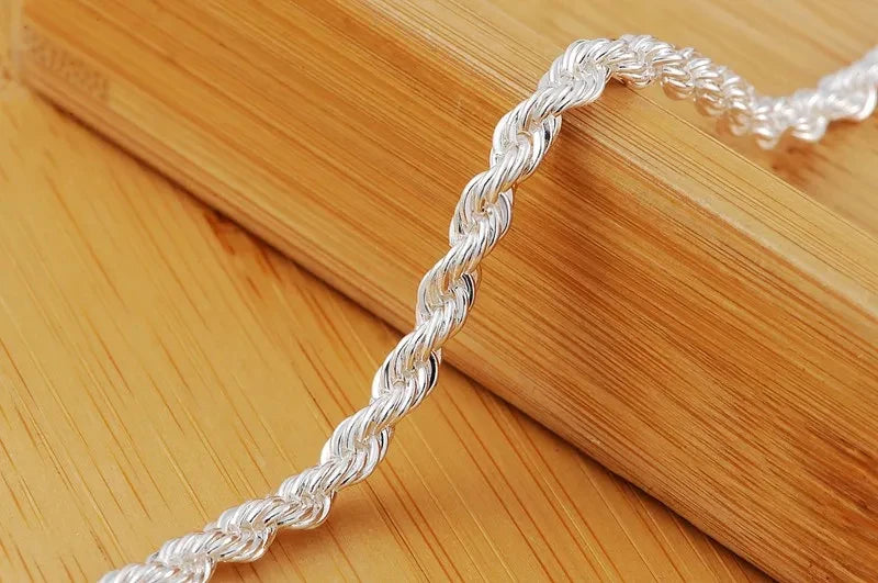 4mm Twisted Rope Chain Bracelet 925 Sterling Silver Men Women Christmas Gift