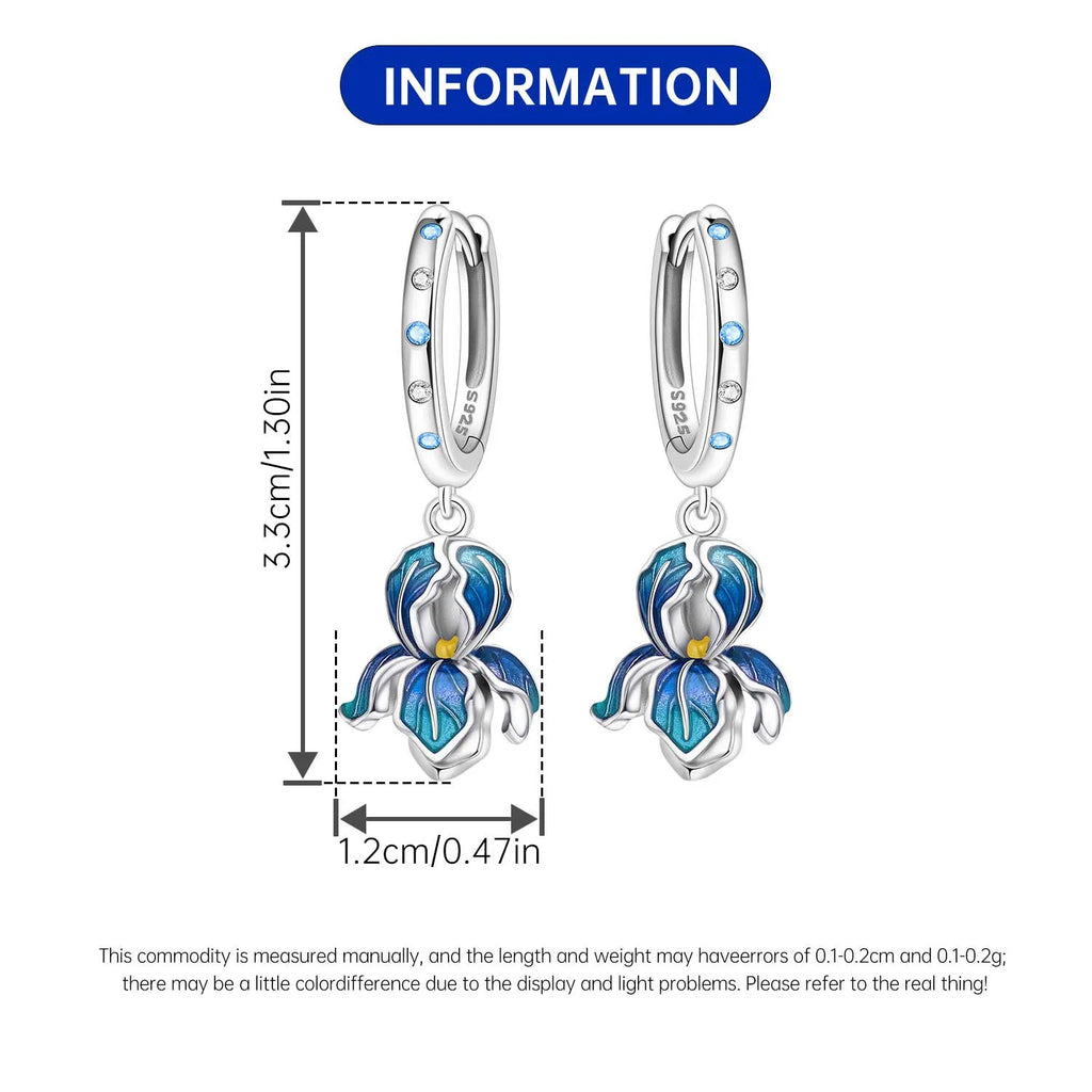 925 Sterling Silver Blue Iris Flower Drop Earrings Anniversary Jewellery Gift