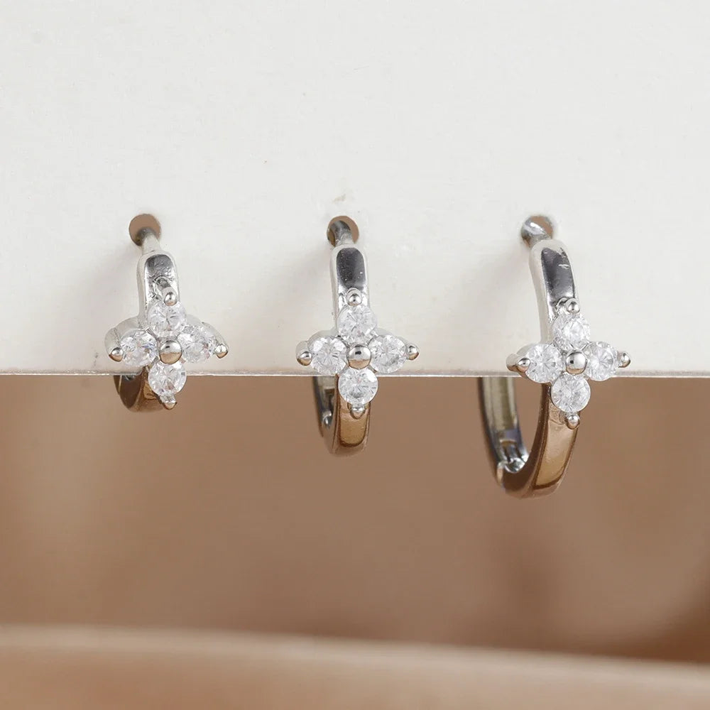 3PCS Simple Flower Zircon Hoop Earrings 18K Gold Plated Steel