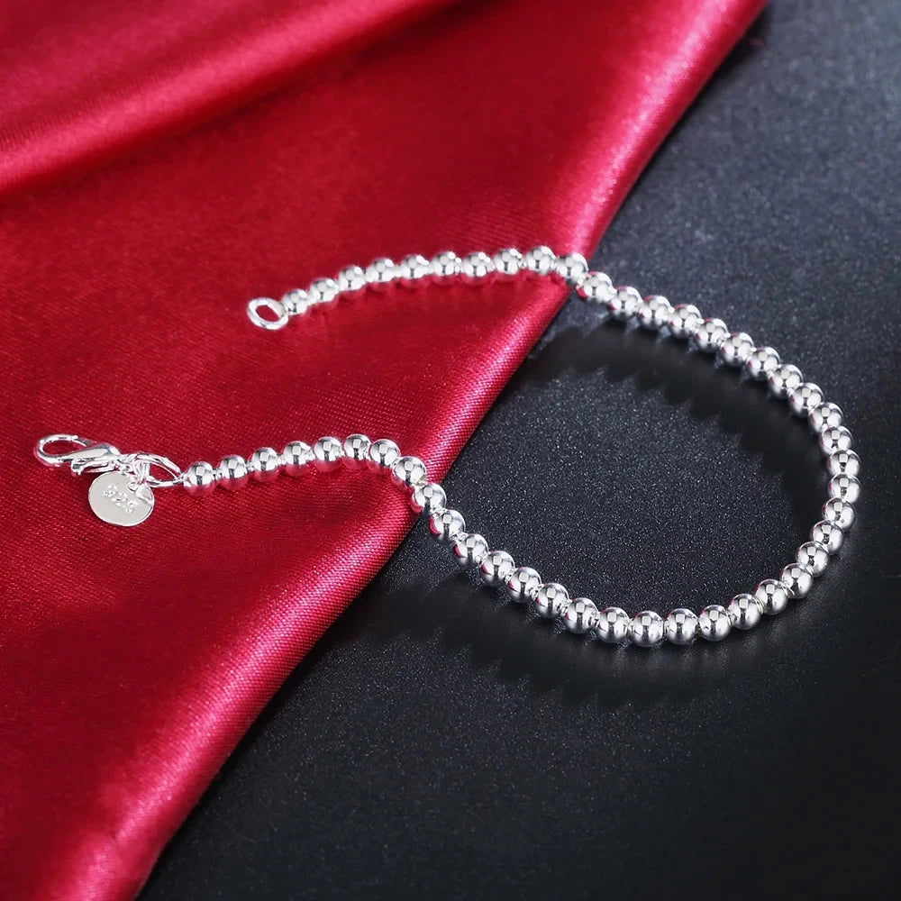 4mm Beads Chain Bracelet 925 Sterling Silver Women Wedding Party Jewellery