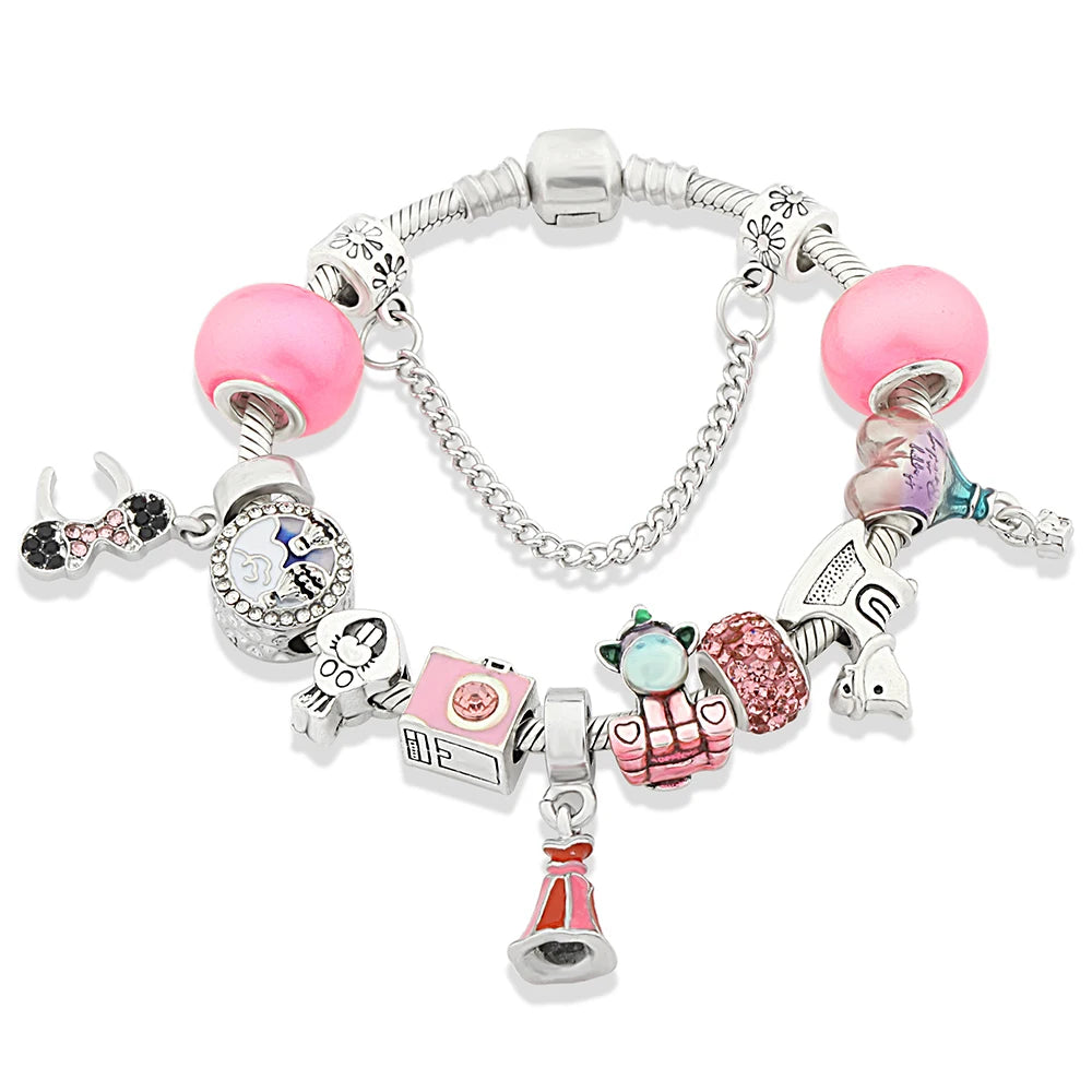 Red Pink Black Crystal Animal Charm Bracelet Heart Mickey Minnie Gift