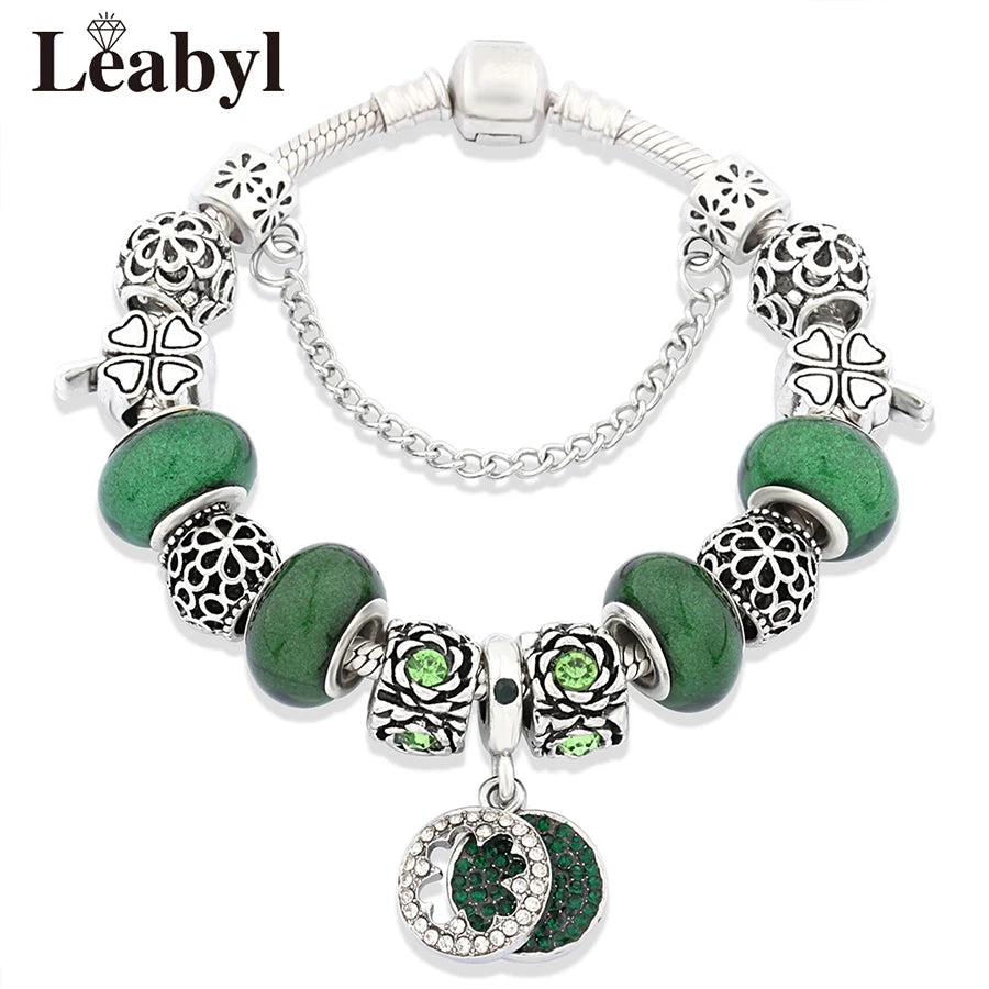 Tibetan Silver Tree of Life Charm Bracelet Green Crystal Flower Bead DIY