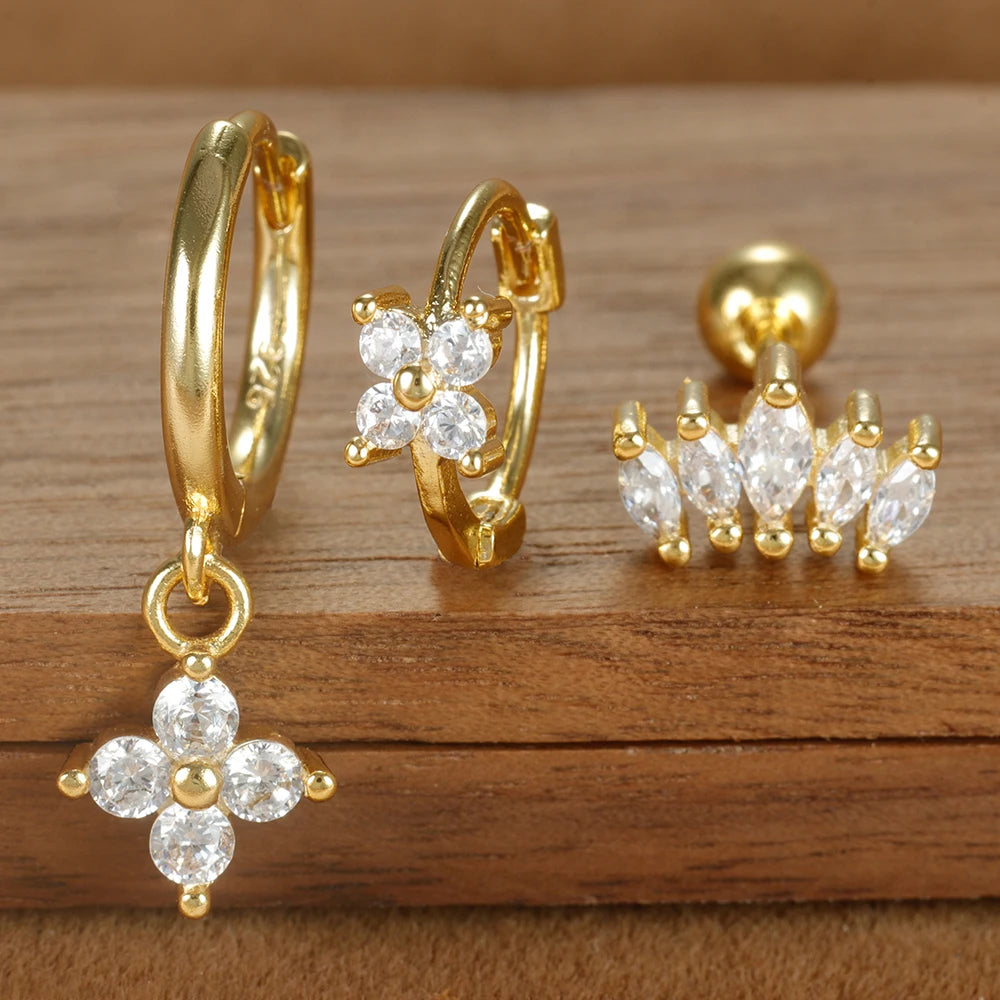 3PCS Four Flower Zircon Little Hoop Earring Star Cartilage Piercing
