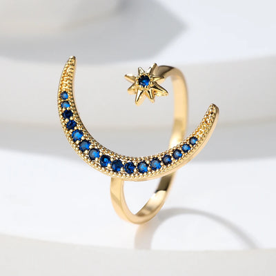 Boho Minimalist Blue Stone Female Stacking Star Moon Rings For Women Gold Color White Crystal Opening Ring Wedding Bands Gifts