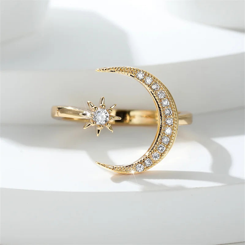 Minimalist Female Stacking Boho Star Moon Rings For Women Silver Rose Gold Color White Crystal Open Size Ring Wedding Bands Gift
