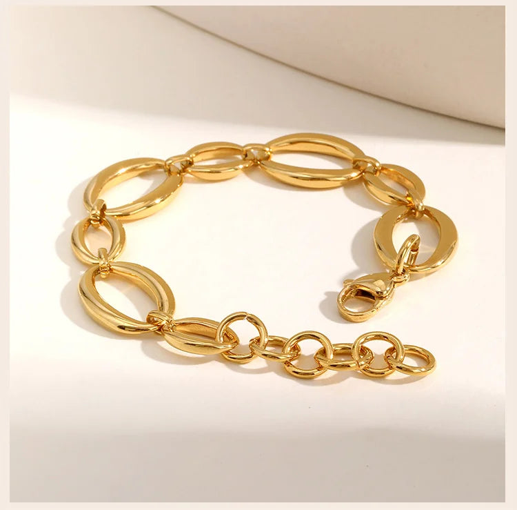 Stainless Steel Oval Fancy Link Chain Bracelets For Women, Chunky Thick Geometric Bangle Hypoallergenic Jewelry