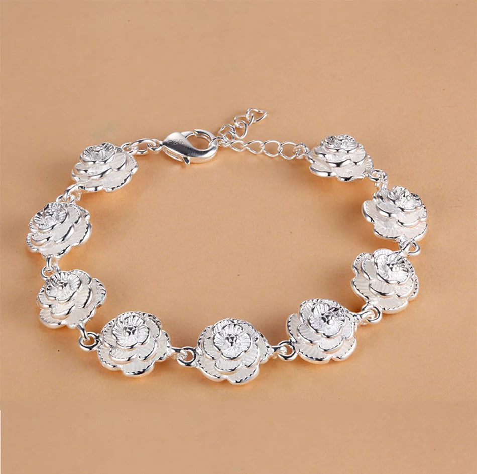 Rose Flower Chain Bracelet 925 Sterling Silver Women Pretty Wedding Jewellery