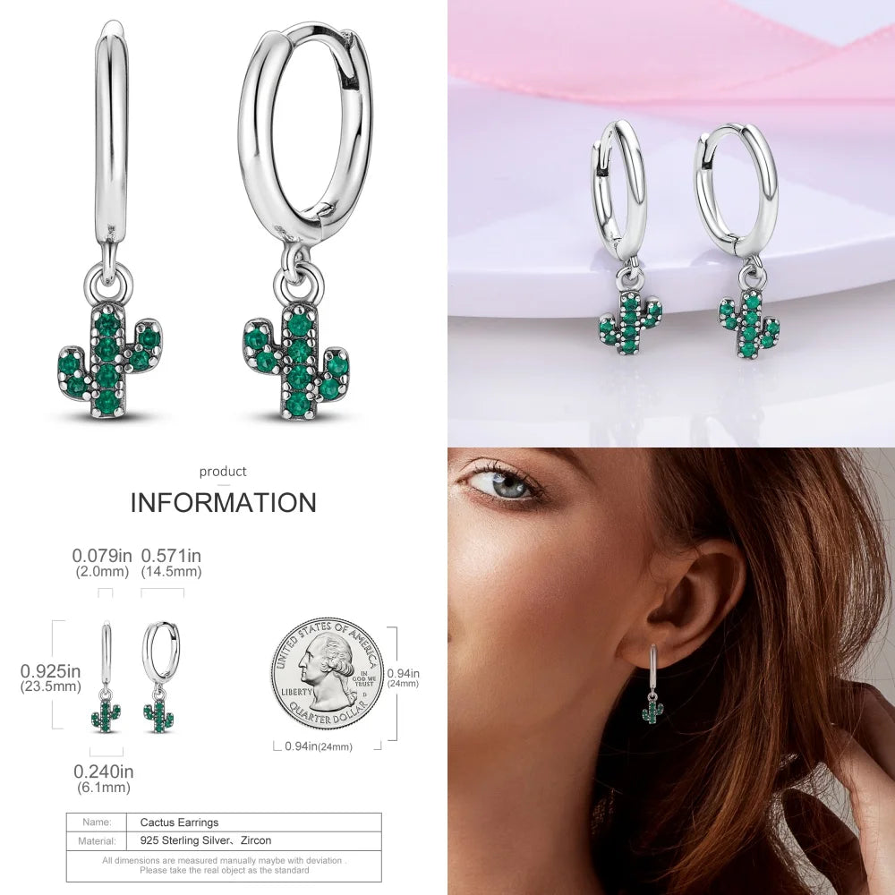 925 Sterling Silver Animal Plant Green Zircon Circle Hoop Earrings Jewellery