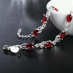 Red Crystal Chain Bracelet 925 Sterling Silver Women Fashion Wedding Gift