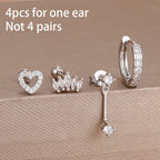 4pcs Korean Stainless Steel Zircon Water Drop Piercing Earrings Set