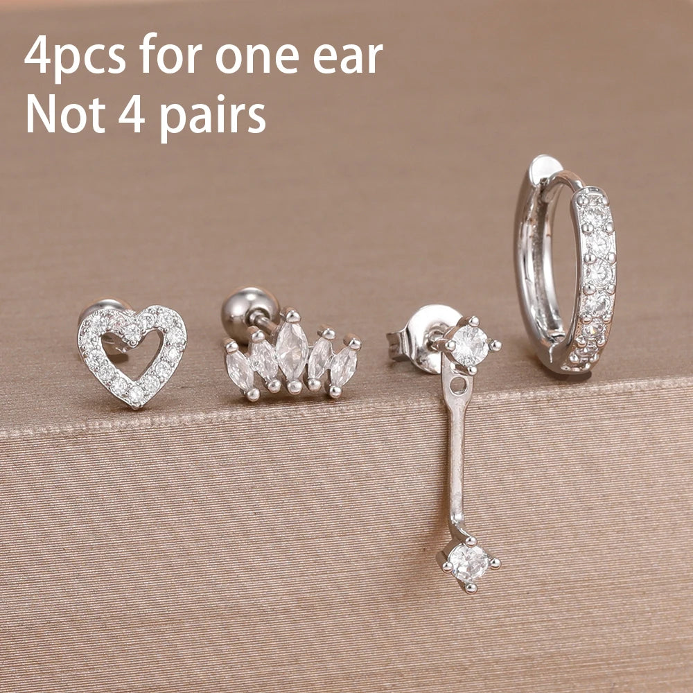 4pcs Korean Stainless Steel Zircon Water Drop Piercing Earrings Set