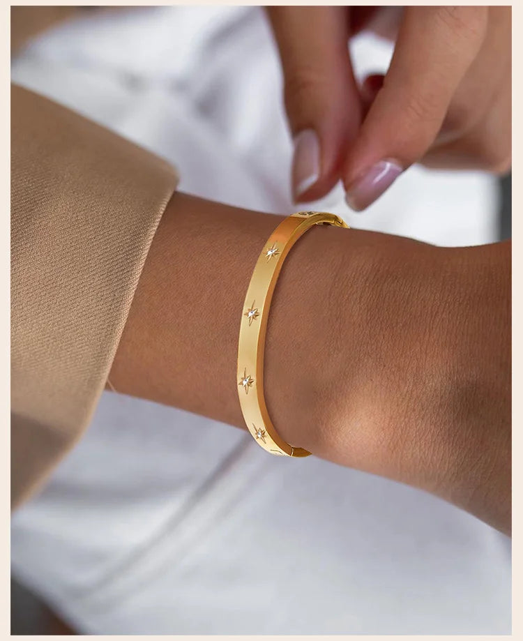 Open Adjustable Star Starburst Cuff Bangle Bracelet for Women Stainless Steel Cubic Zirconia Inlay Charm Layered Jewelry