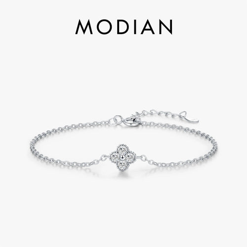 MODIAN 925 Sterling Silver Exquisite Lucky Four Leaf Clover CZ Link Chain Stackable Sweet Bracelet For Women Daily Fine Jewelry