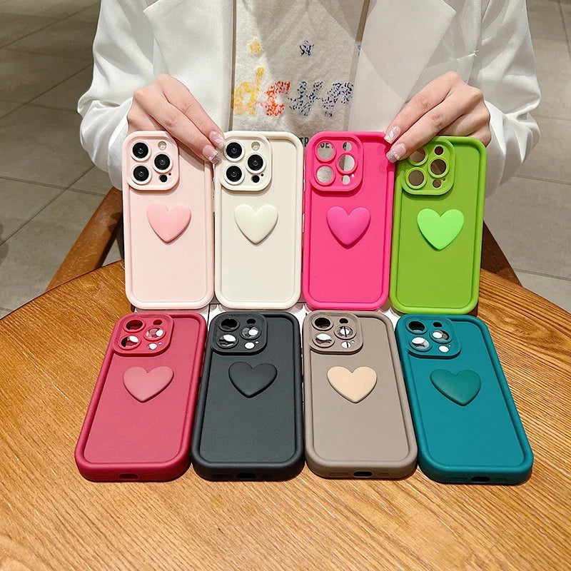 3D Love Heart Pink Matte Case for iPhone 17 16 15 14 13 12 11 Pro Max Plus