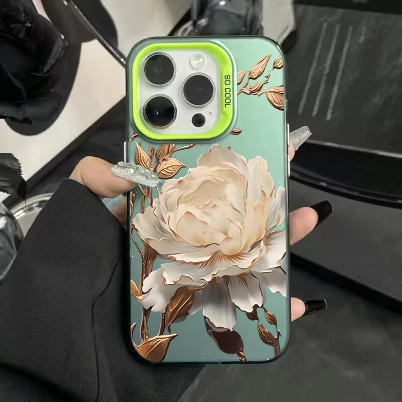 Gold Lotus Silver IMD Case for iPhone 16 15 14 13 12 11 Pro Max