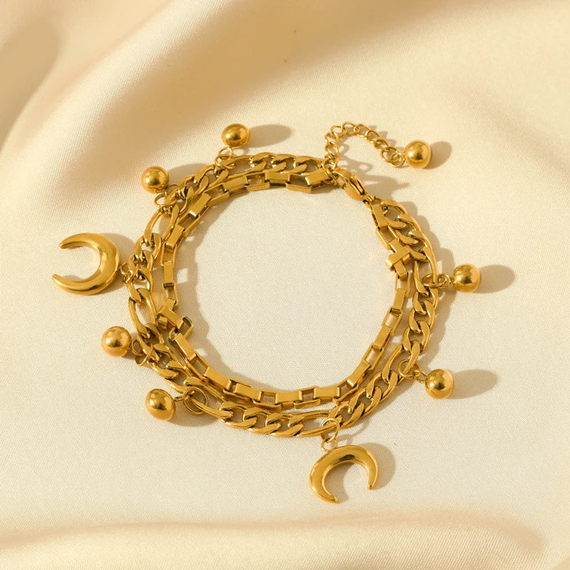 Gold Colour Starfish Moon Star Stainless Steel Charm Bracelet Trendy