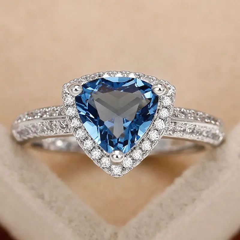 925 Sterling Silver Luxury Dark Blue Zircon Triangle Ring Fashion Classic Engagement Anniversary Gift