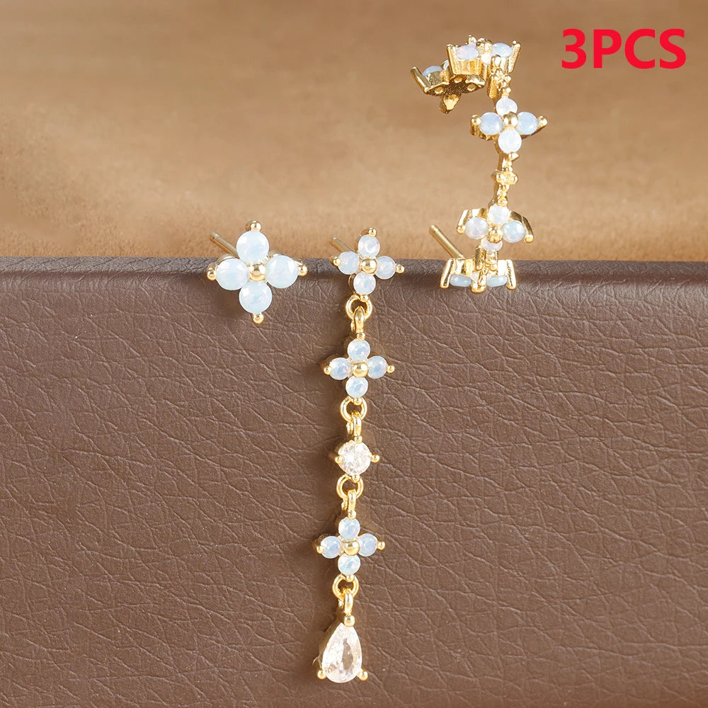 3PCS Zircon Flower Pendant Earring Sets Stainless Steel Cartilage
