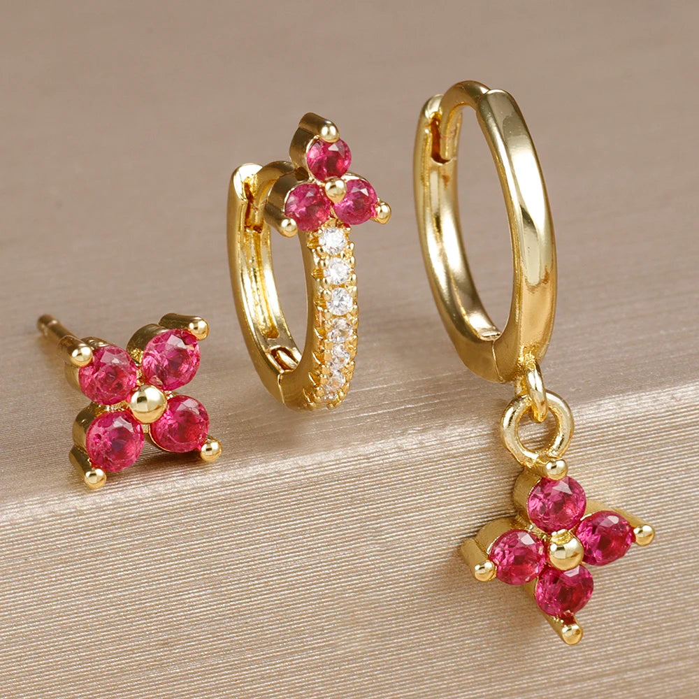 3PCS Gold Colour Chain Flower Drop Earrings Zircon Dangle Earring