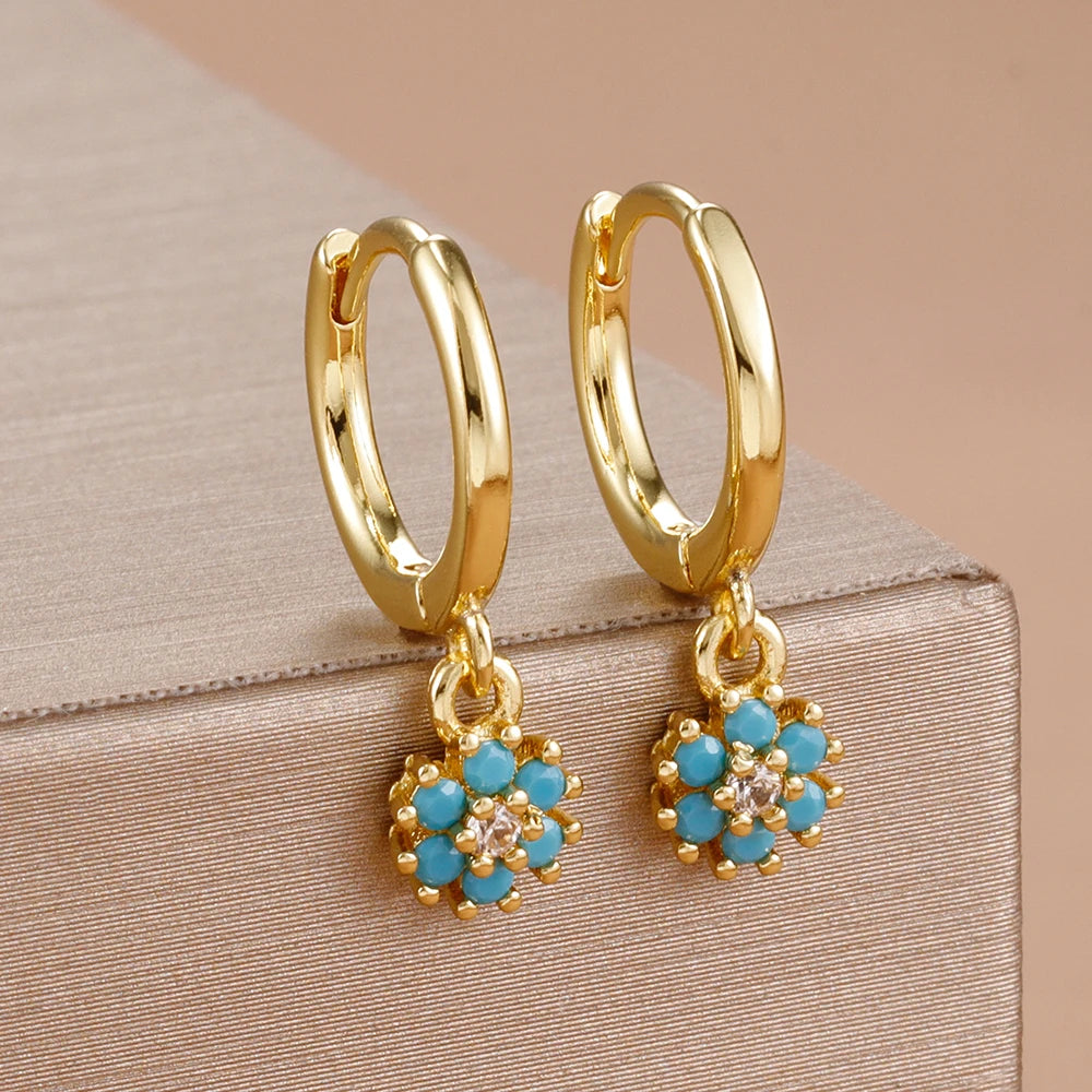 Exquisite Colourful Crystal Flower Hoop Earrings Stainless Steel
