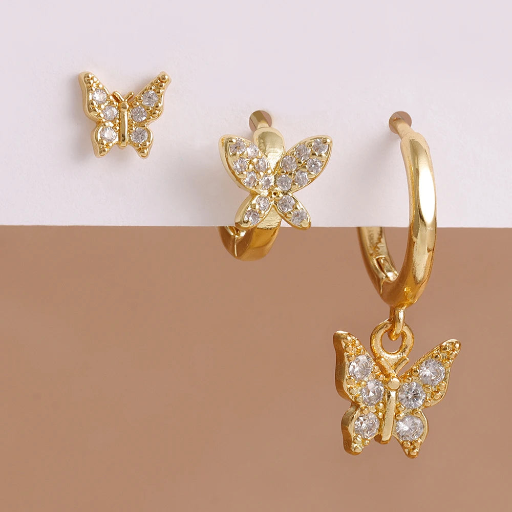 3PCS Elegant Butterfly CZ Charms Hoop Earrings Stainless Steel