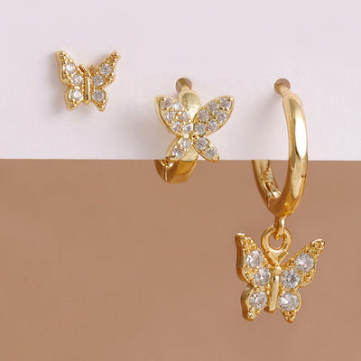 3PCS Elegant Butterfly CZ Charms Hoop Earrings Stainless Steel
