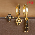3PCS Vintage Stainless Steel Flowers Huggies Hoop Earrings Zircon