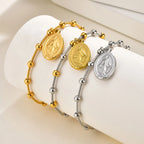 Two Tone Stainless Steel Virgin Mary Bracelet for Women, Rosary Beaded Cross Bracelets, Non Tarnish Religious Jewelry