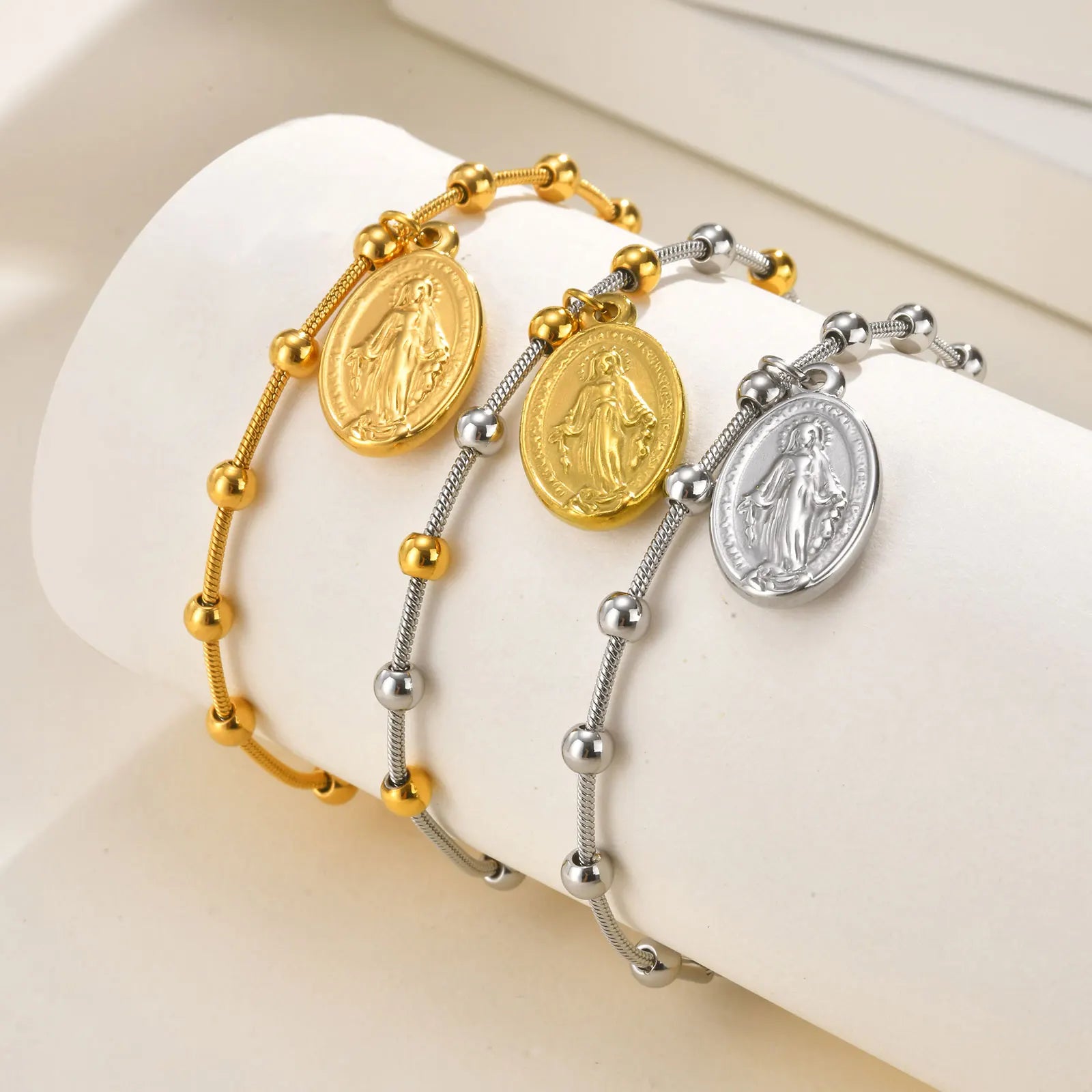 Two Tone Stainless Steel Virgin Mary Bracelet for Women, Rosary Beaded Cross Bracelets, Non Tarnish Religious Jewelry