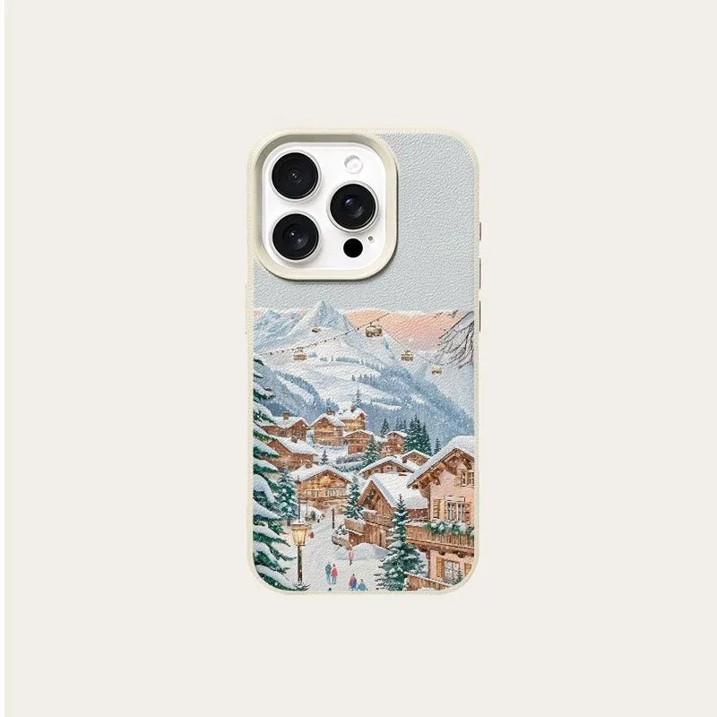 Skiing Town Winter Lychee Case for iPhone 17 16 15 14 13 Pro Max