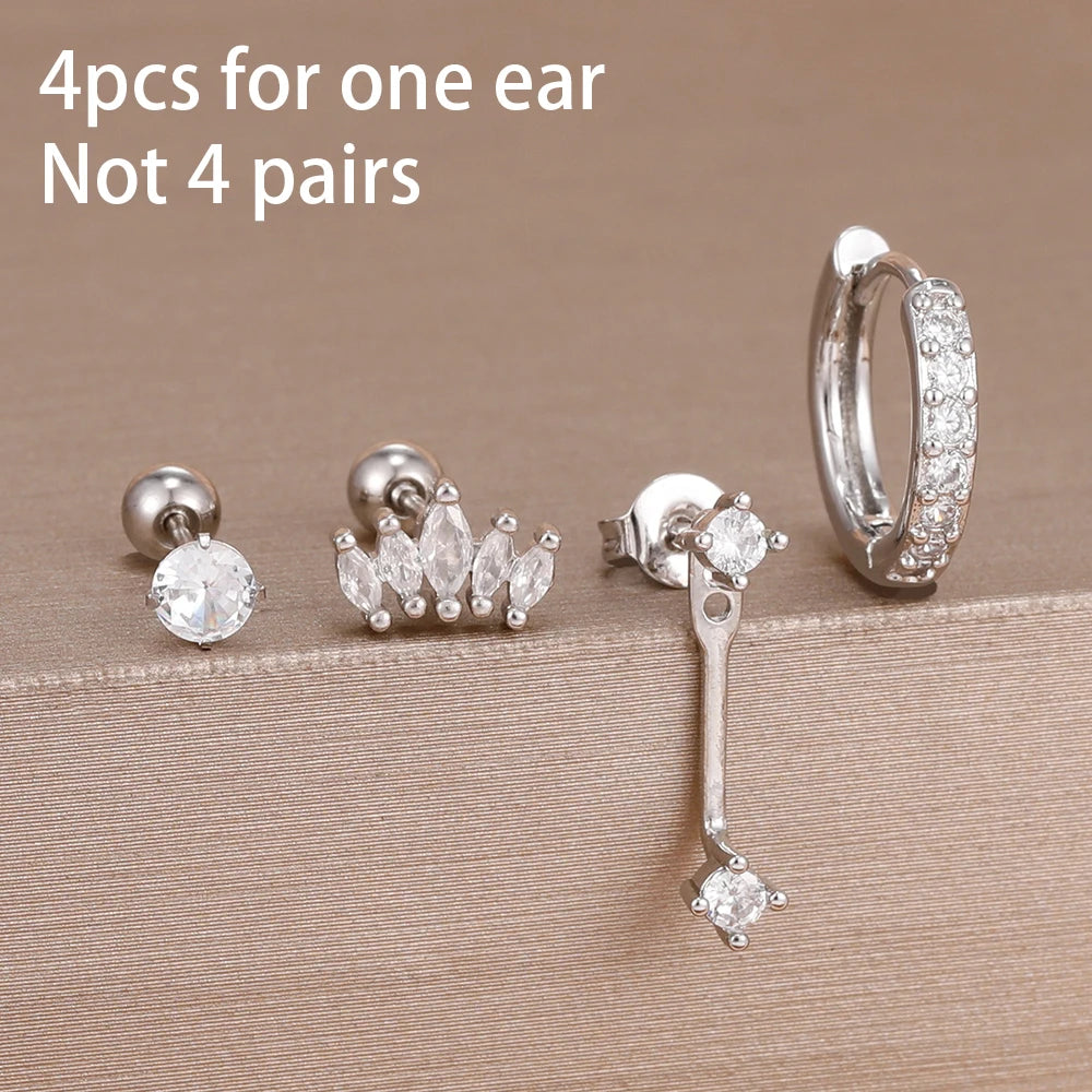 4pcs Korean Stainless Steel Zircon Water Drop Piercing Earrings Set