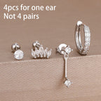 4pcs Korean Stainless Steel Zircon Water Drop Piercing Earrings Set