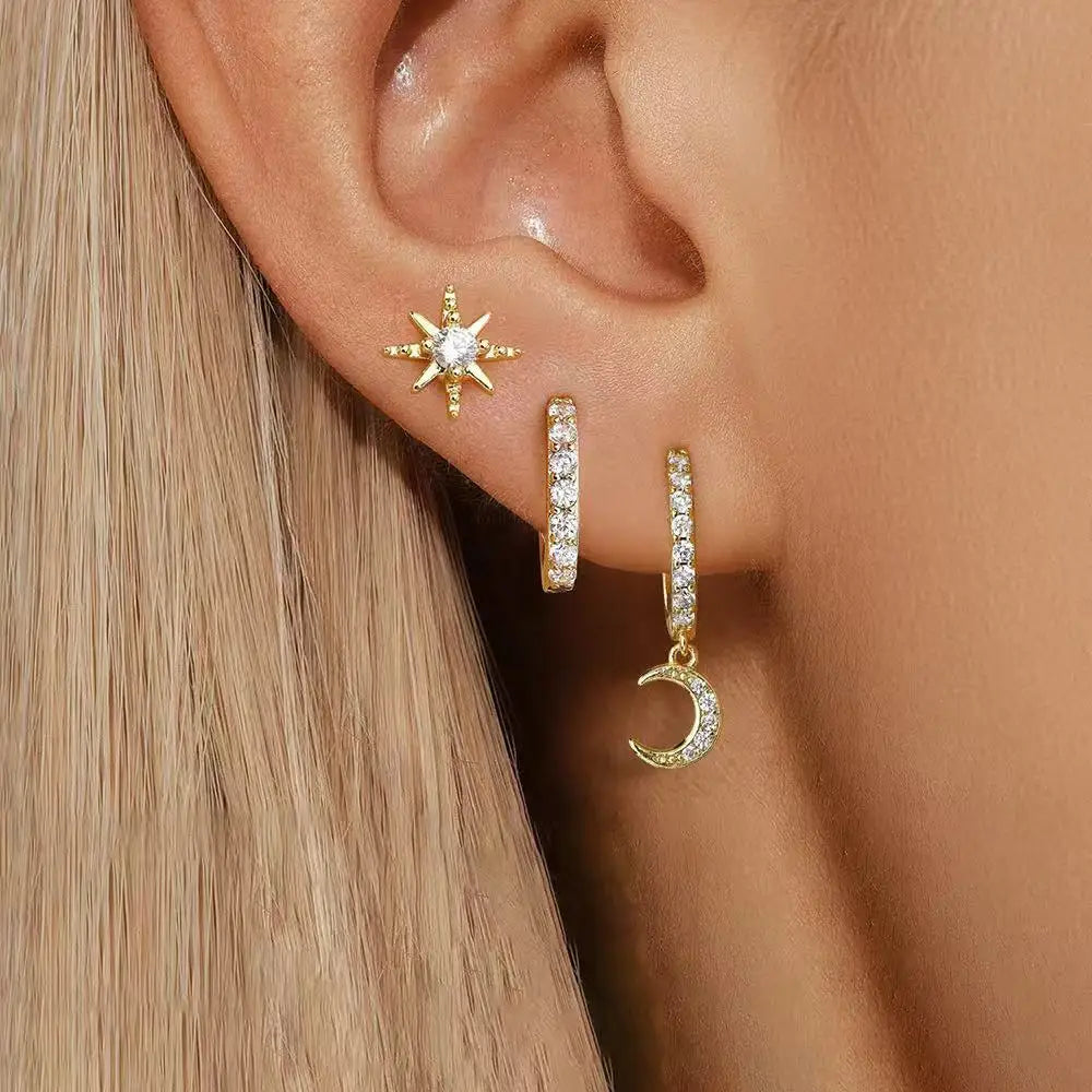 3PCS Gold Silver Star Moon Hanging Earrings Set Stainless Steel