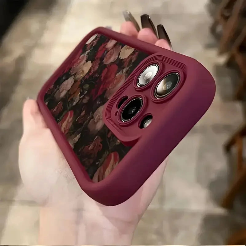 Wine Red & White Rose Case for iPhone 16 15 14 13 12 11 Pro Max XR 7 8 Plus
