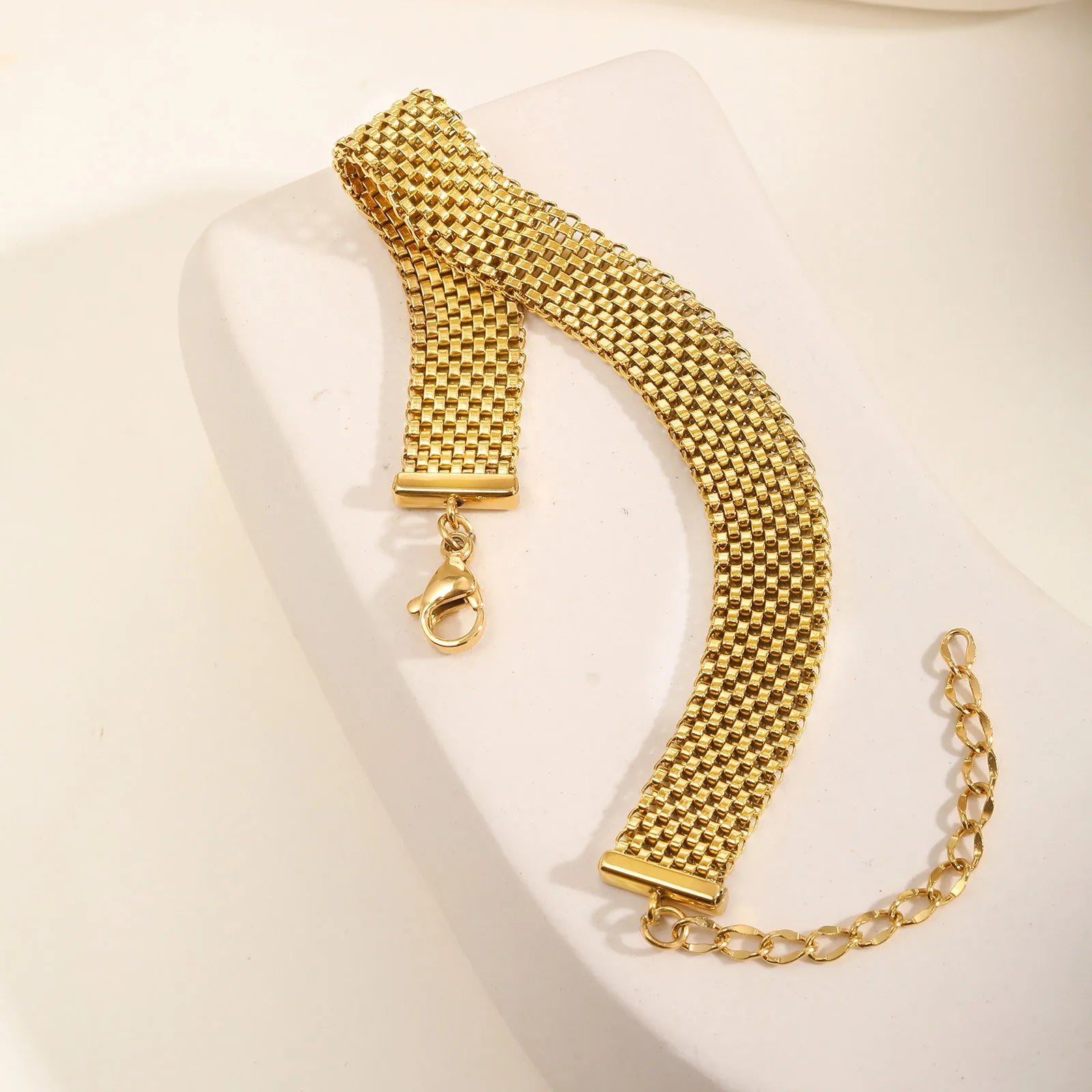 Stainless Steel Chain Women Bracelet, Wide Brand Mesh Link Adjustable Wristband, 18k PVD Gold Plated Vintage Jewelry