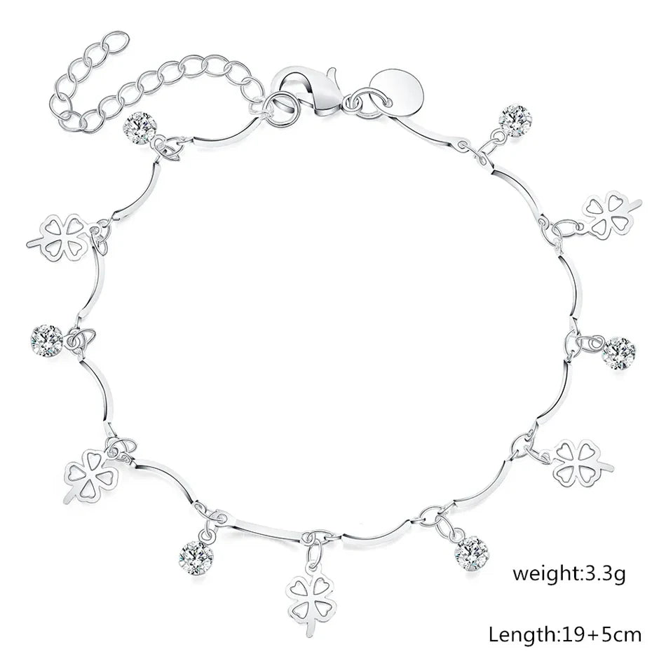 Lucky Clover Leaf Zircon Chain Bracelet 925 Sterling Silver Wedding Party