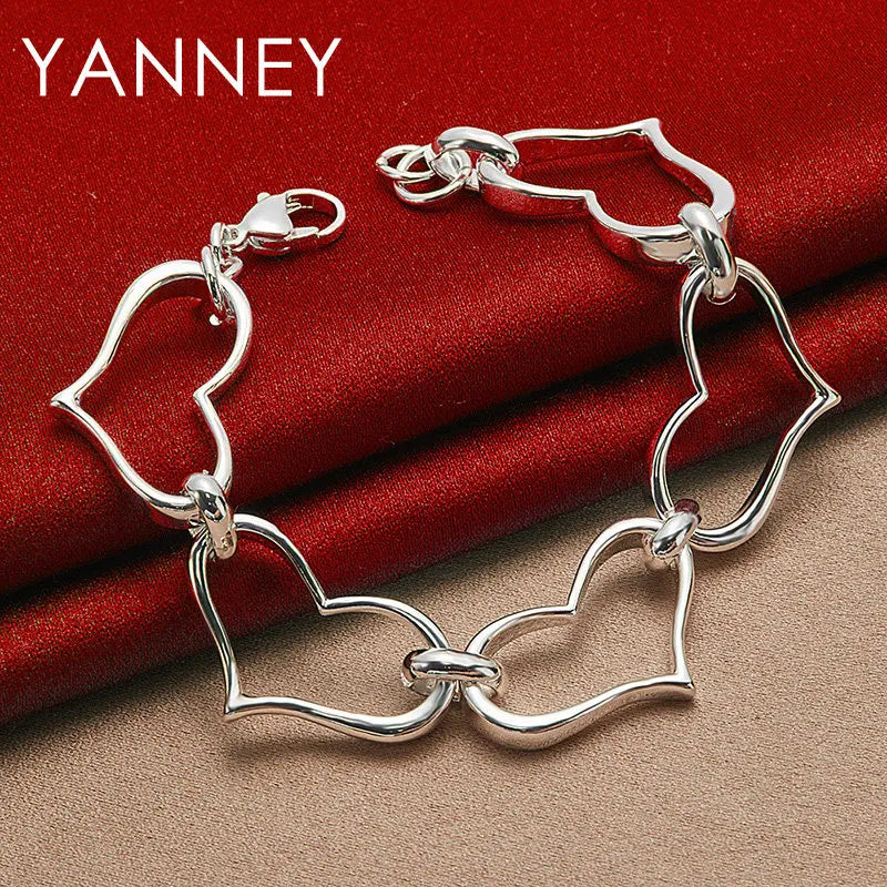 925 Sterling Silver 8-inch Heart Bracelet Women Wedding Party Jewellery Gift