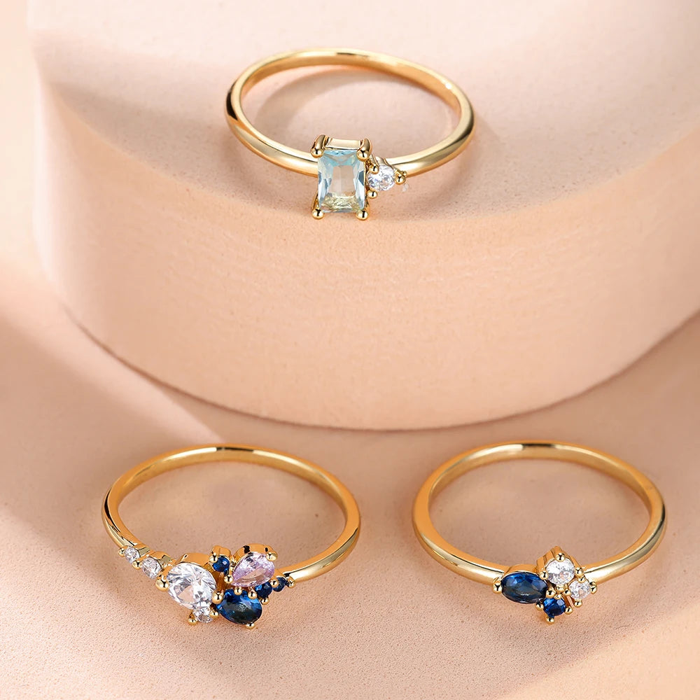 Luxury Royal Blue Purple White Zircon Triple Ring Set Rose Gold Color Stacking Thin Rings For Women Bridal Wedding Bands Jewelry