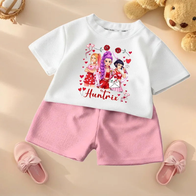 K-pop Girls Summer Casual T-Shirt and Shorts 2-Piece Fashion Outfit