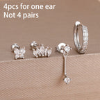 4pcs Korean Stainless Steel Zircon Water Drop Piercing Earrings Set