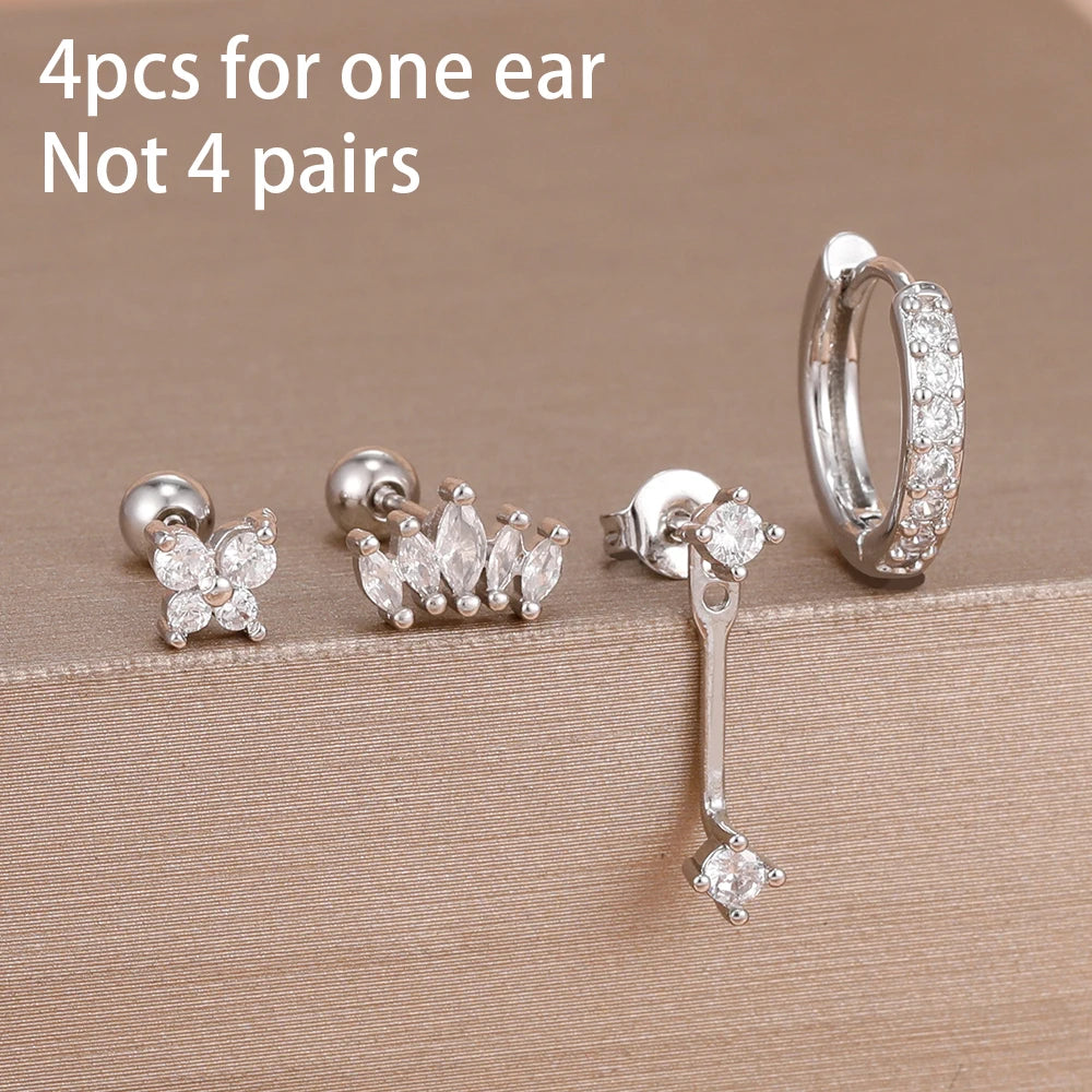 4pcs Korean Stainless Steel Zircon Water Drop Piercing Earrings Set