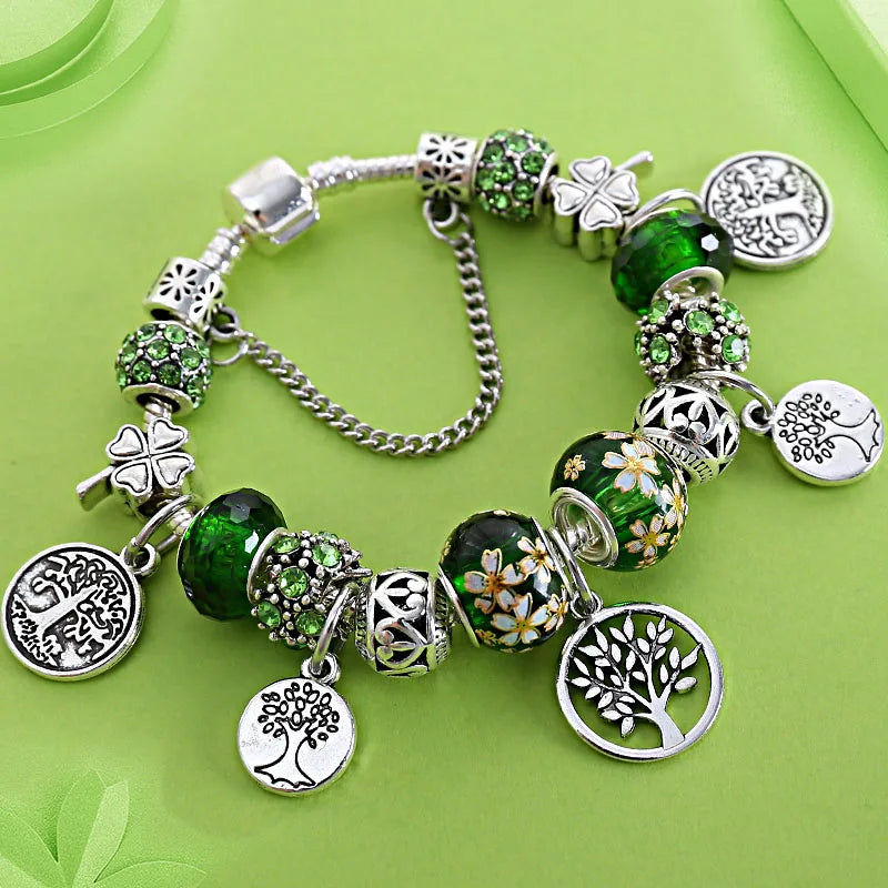 Tibetan Silver Tree of Life Charm Bracelet Green Crystal Flower Bead DIY