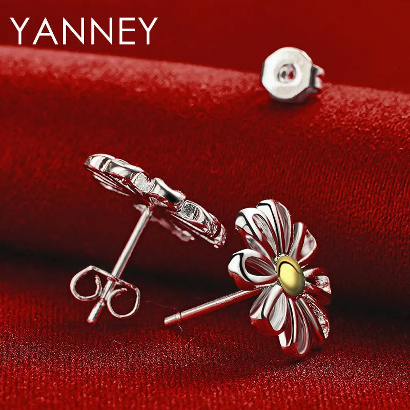 925 Sterling Silver Sunflower Stud Earrings Women Fashion Wedding Jewellery