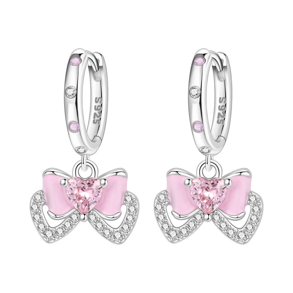 925 Sterling Silver Pink Sweet Bow Drop Earrings Trendy Anniversary Jewellery