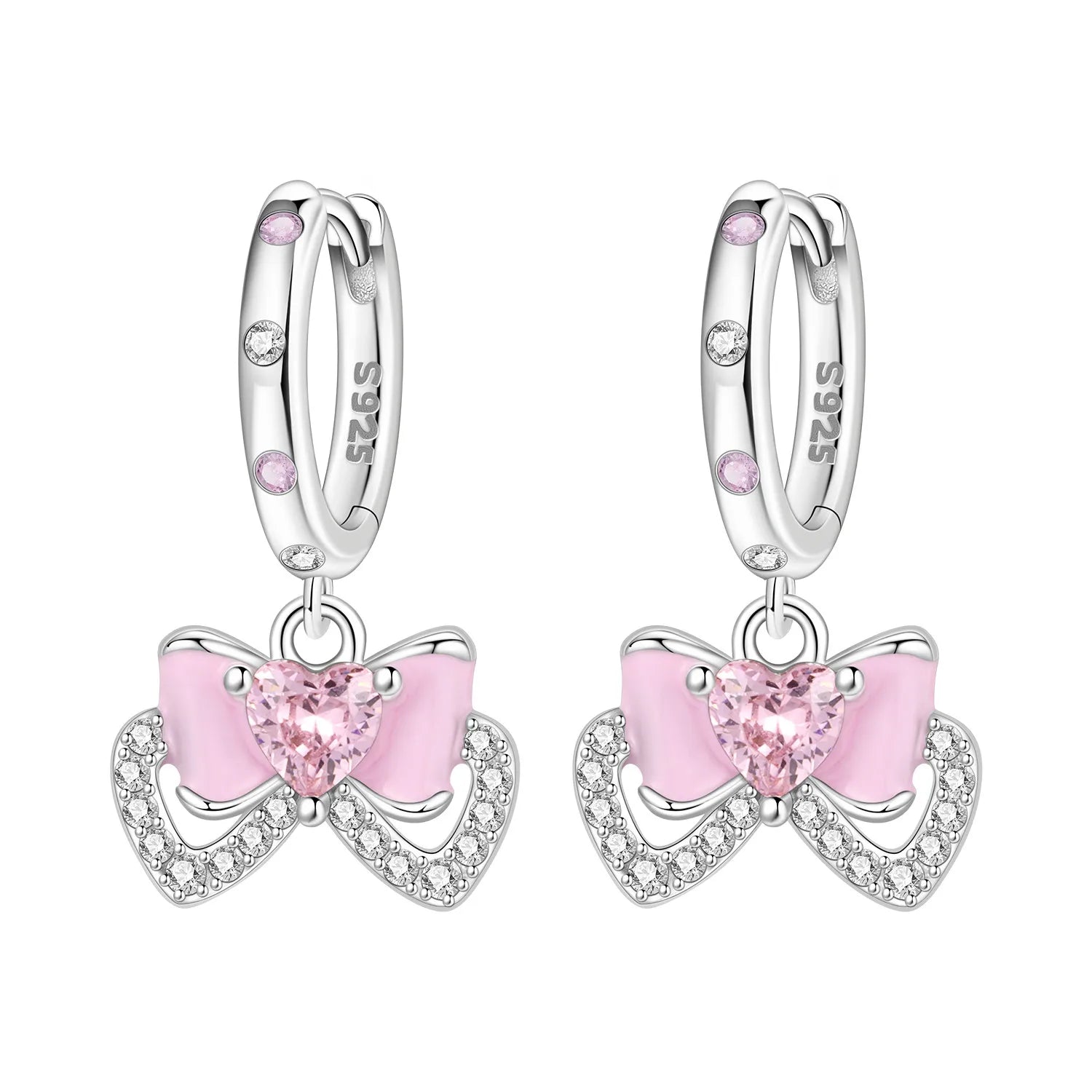 925 Sterling Silver Pink Sweet Bow Drop Earrings Trendy Anniversary Jewellery