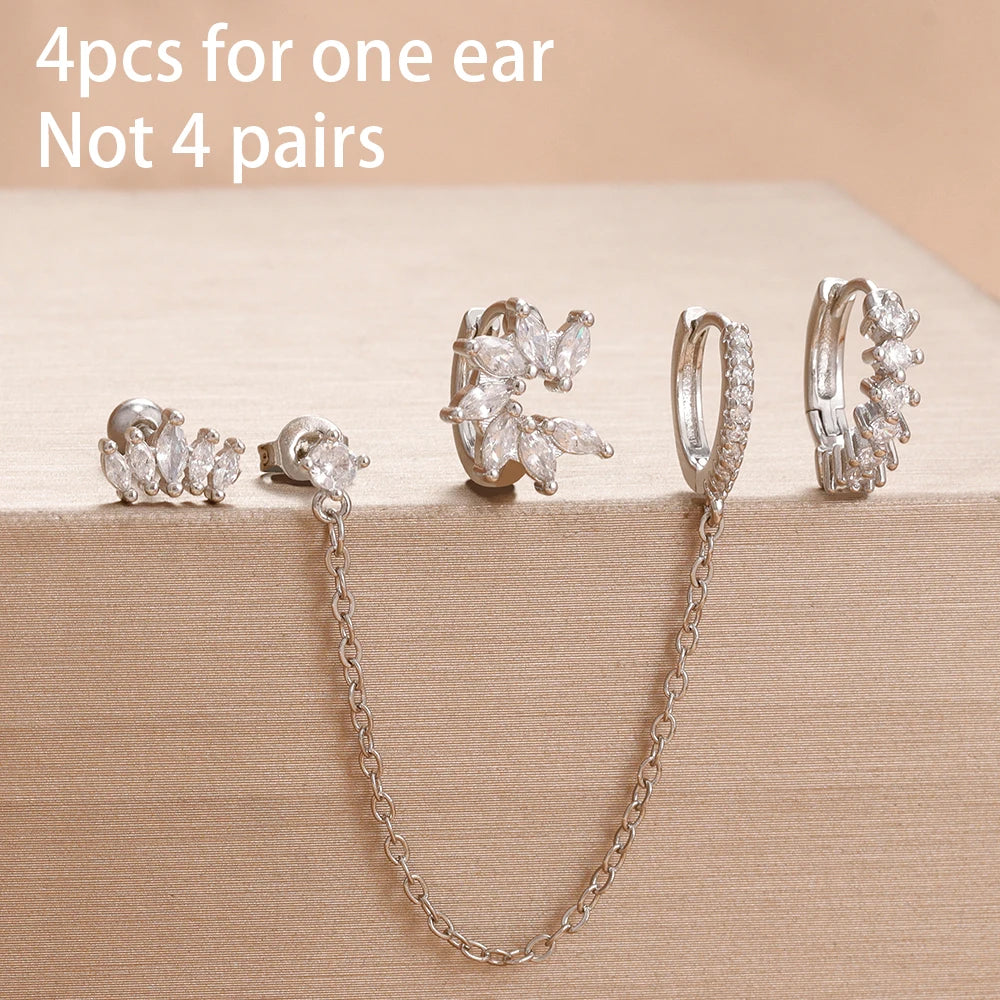 4PCS Star Moon Stainless Steel Zircon Stud Earrings 14K Gold Plated