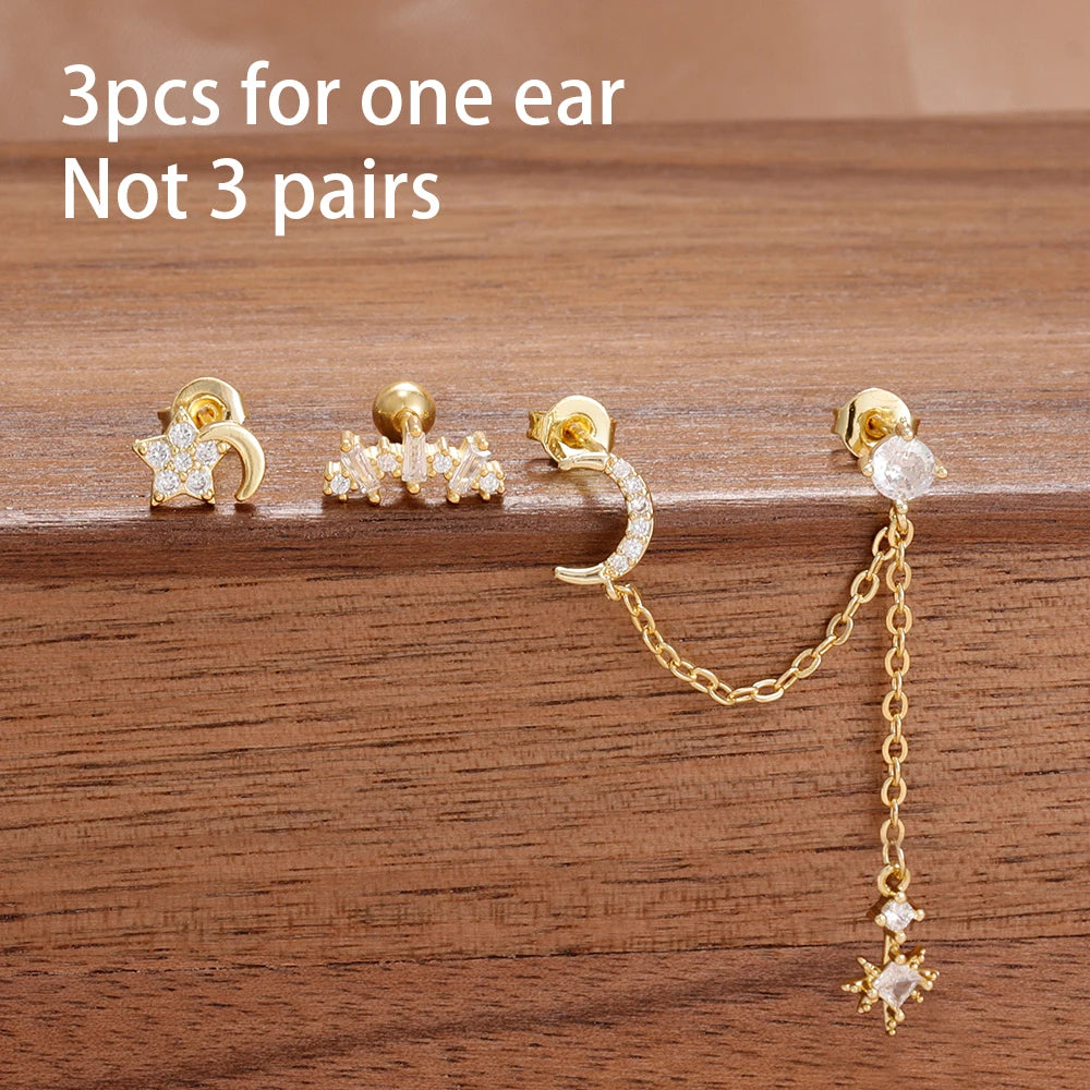 3PCS Stainless Steel Fashion Tassel Chain Stud Piercing Earrings Set